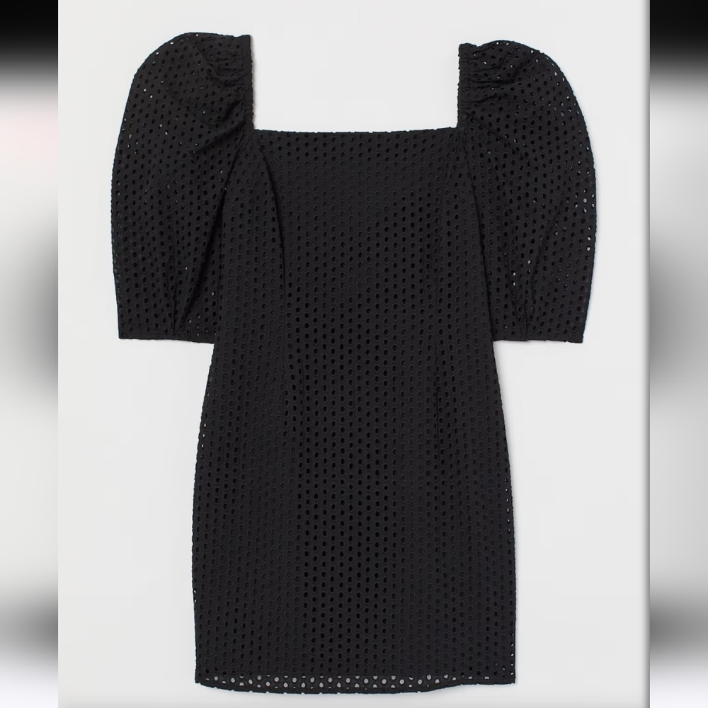 H&M 2X Black Eyelet Embroidery Dress Puff Sleeve 2707-j